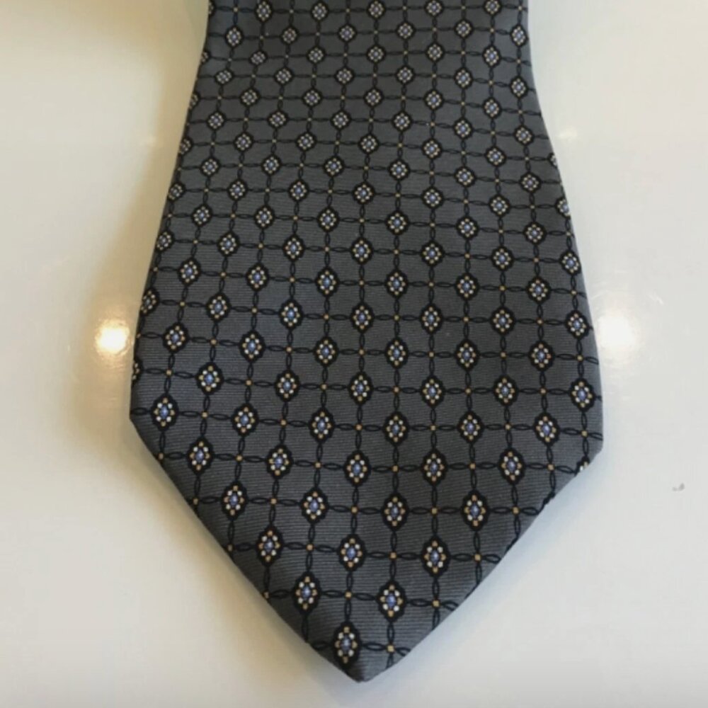 Jacques Estier Tie Paris New York Silk Grey/Brown With Floral Yellow White